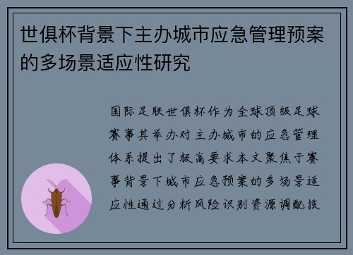 世俱杯背景下主办城市应急管理预案的多场景适应性研究