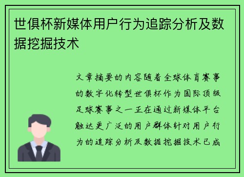 世俱杯新媒体用户行为追踪分析及数据挖掘技术